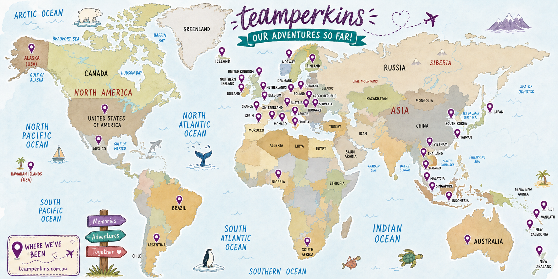 World map showing visited countries